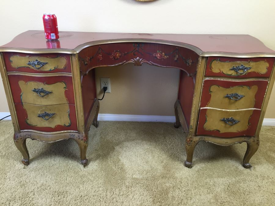 Stunning Vintage Hand Painted Vanity Table By Robert W. Irwin Grand Rapids, MI With Floral Motif [Photo 4]