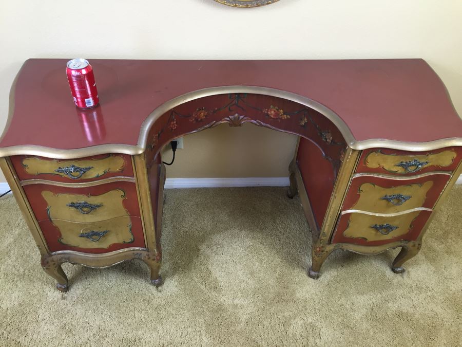 Stunning Vintage Hand Painted Vanity Table By Robert W. Irwin Grand Rapids, MI With Floral Motif [Photo 14]