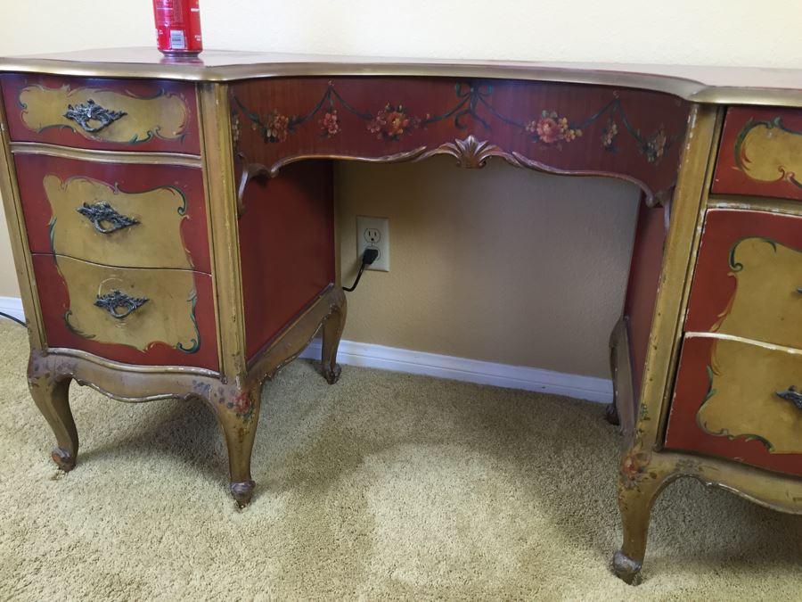 Stunning Vintage Hand Painted Vanity Table By Robert W. Irwin Grand Rapids, MI With Floral Motif [Photo 5]