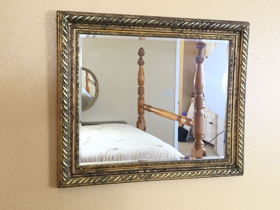 Gold Tone Beveled Glass Rectangular Wall Mirror  [Photo 1]