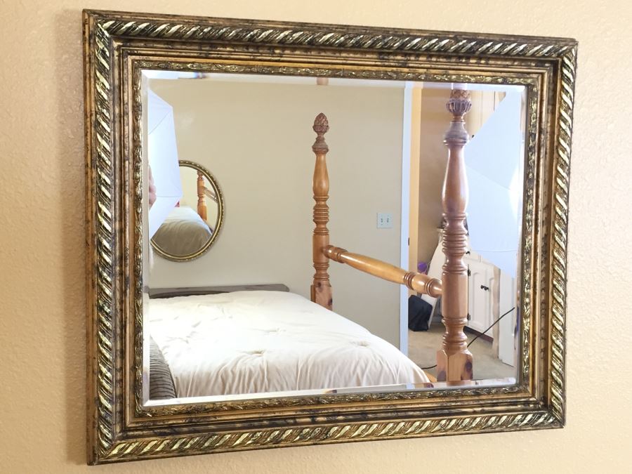 Gold Tone Beveled Glass Rectangular Wall Mirror  [Photo 2]