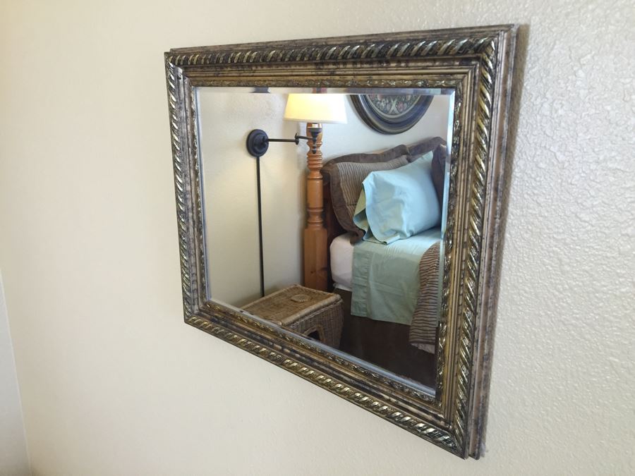 Gold Tone Beveled Glass Rectangular Wall Mirror  [Photo 5]