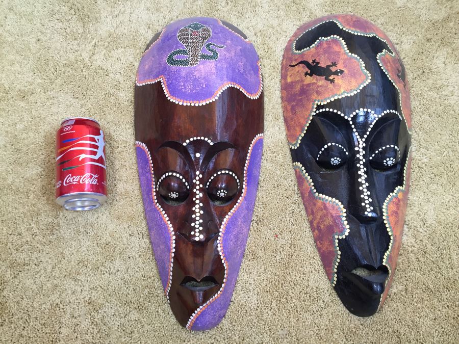 Pair Of Carved Wood Ethnic Decorative Masks Possibly African [Photo 15]