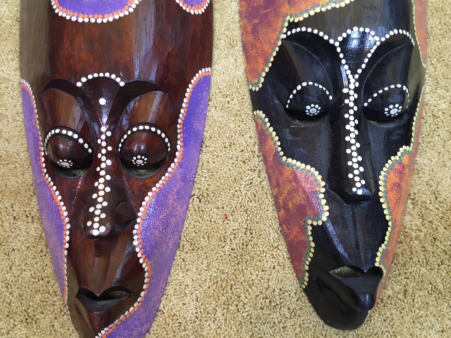 Pair Of Carved Wood Ethnic Decorative Masks Possibly African [Photo 2]