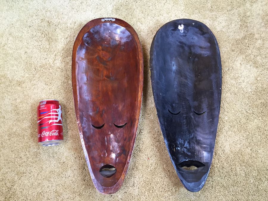 Pair Of Carved Wood Ethnic Decorative Masks Possibly African [Photo 3]