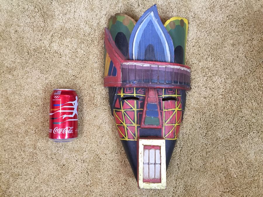 Carved Wooden Ethnic Decorative Mask With Large Teeth Colorful