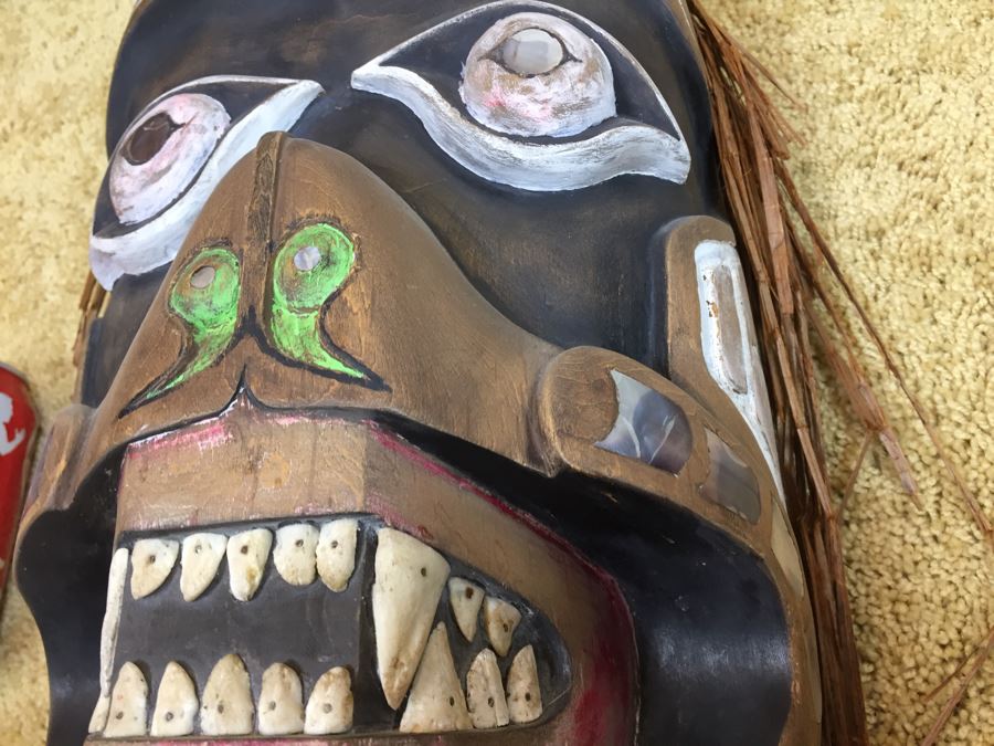 Very Cool Carved Wooden Face Mask With Mother Of Pearl Possibly Pacific Northwest [Photo 8]
