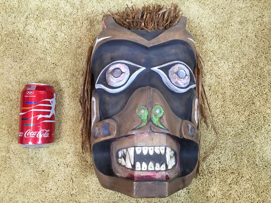 Very Cool Carved Wooden Face Mask With Mother Of Pearl Possibly Pacific Northwest