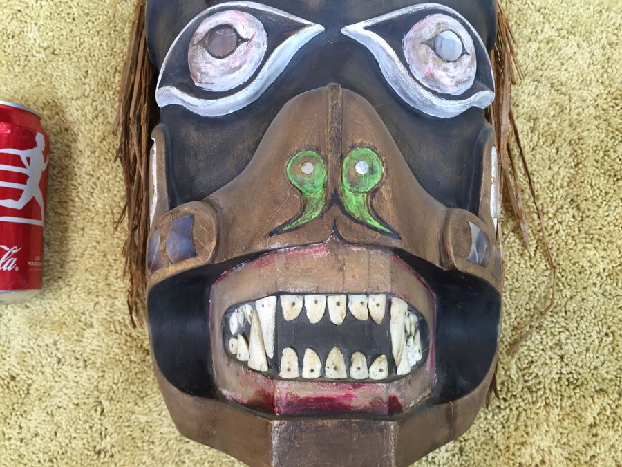 Very Cool Carved Wooden Face Mask With Mother Of Pearl Possibly Pacific Northwest [Photo 6]