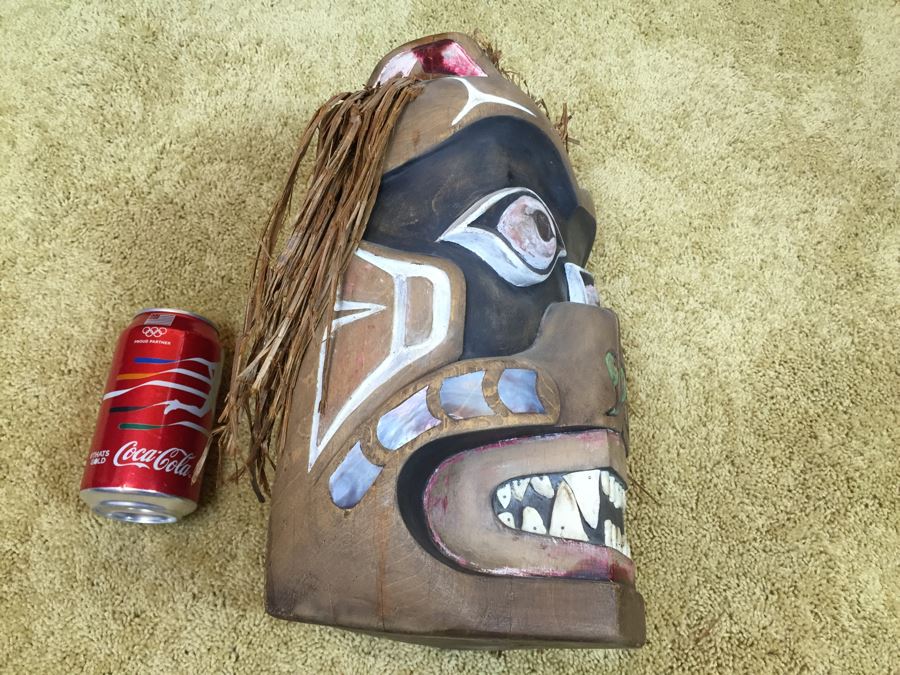 Very Cool Carved Wooden Face Mask With Mother Of Pearl Possibly Pacific Northwest [Photo 2]
