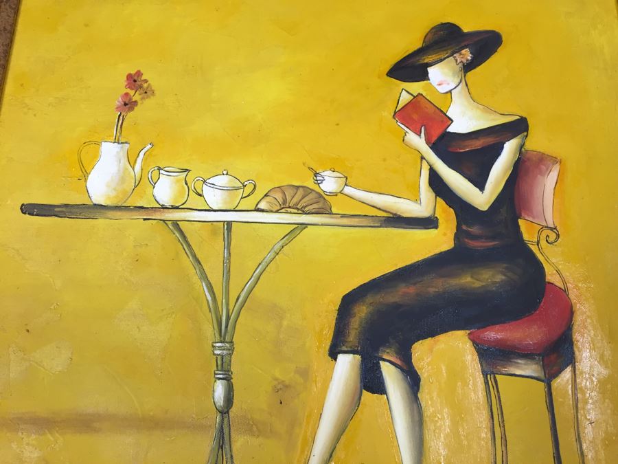 Framed Original Painting On Canvas Of Woman Drinking Tea Signed By Artist [Photo 5]