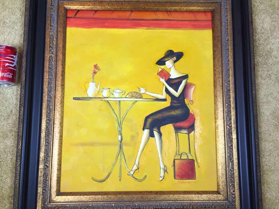 Framed Original Painting On Canvas Of Woman Drinking Tea Signed By Artist [Photo 4]