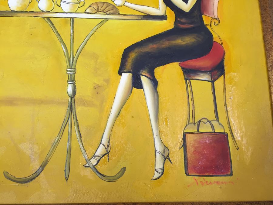 Framed Original Painting On Canvas Of Woman Drinking Tea Signed By Artist [Photo 6]