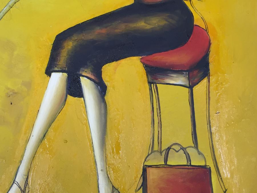 Framed Original Painting On Canvas Of Woman Drinking Tea Signed By Artist [Photo 7]