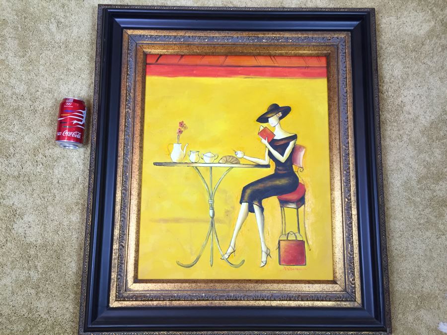 Framed Original Painting On Canvas Of Woman Drinking Tea Signed By Artist
