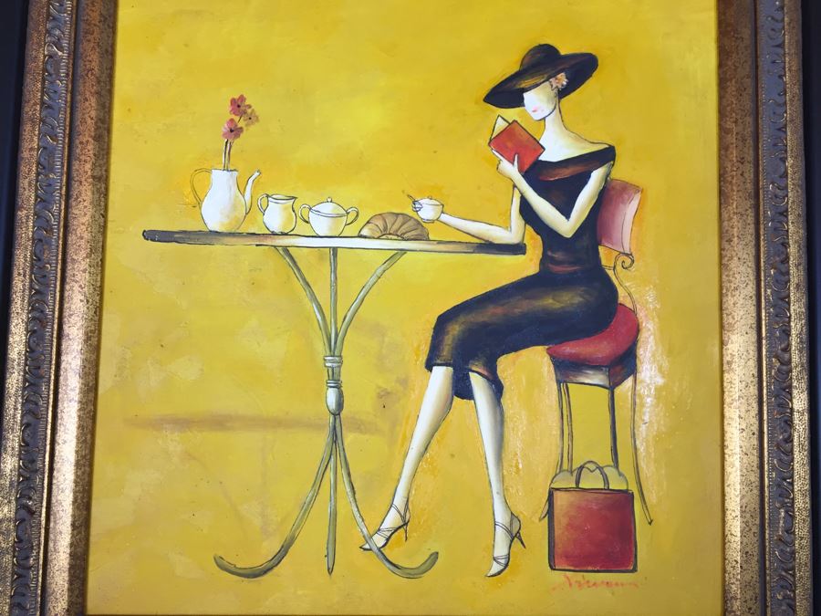 Framed Original Painting On Canvas Of Woman Drinking Tea Signed By Artist [Photo 2]