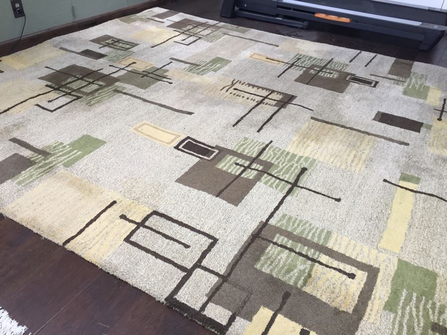 Contemporary Mid-Century Modern Pattern Rug 100% Wool Made In India 8'10' X 11'10' Light Browns [Photo 6]