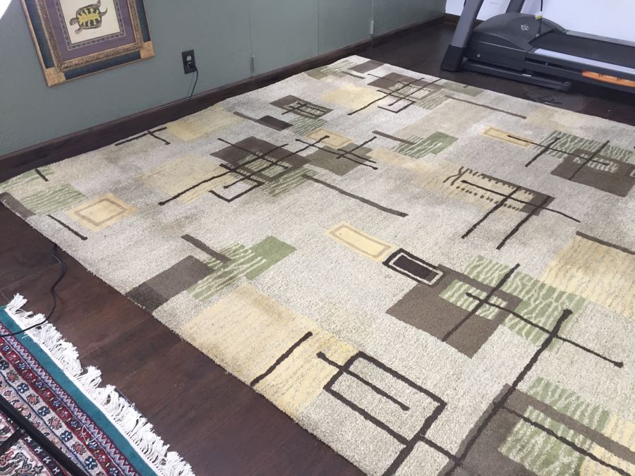 Contemporary Mid-Century Modern Pattern Rug 100% Wool Made In India 8'10' X 11'10' Light Browns [Photo 5]