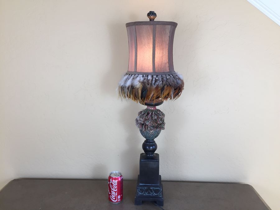 Ethnic Looking Table Lamp With Feathers