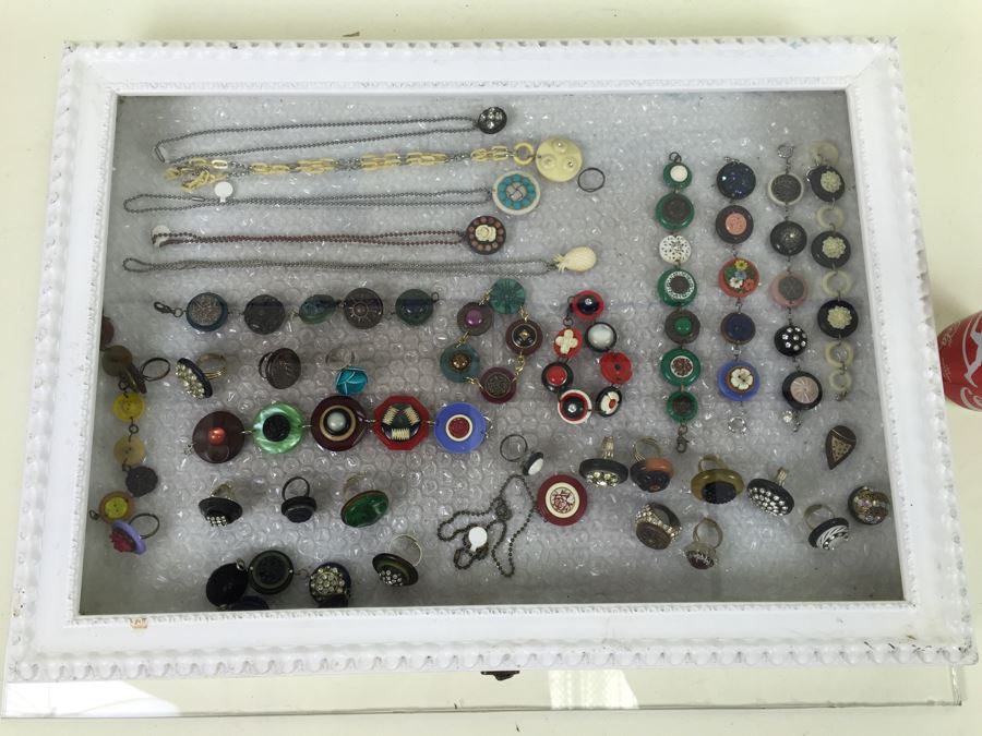 White Display Box Filled With Vintage Button Inspired Jewelry [Photo 1]