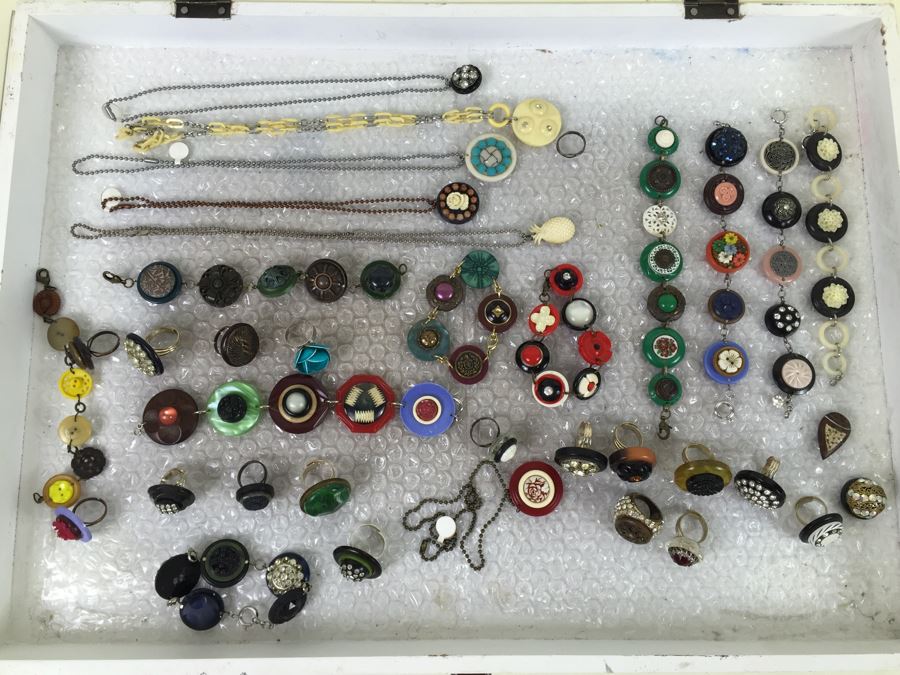 White Display Box Filled With Vintage Button Inspired Jewelry [Photo 3]