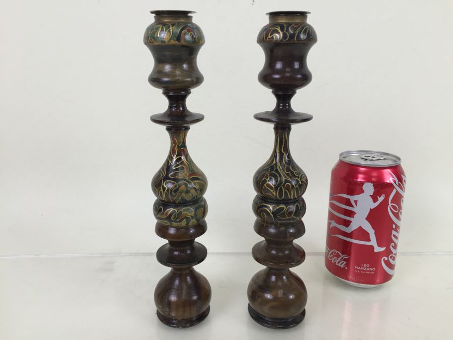 Pair Of Hand Painted Turned Wood Candle Holders Aviva Jerusalem [Photo 1]