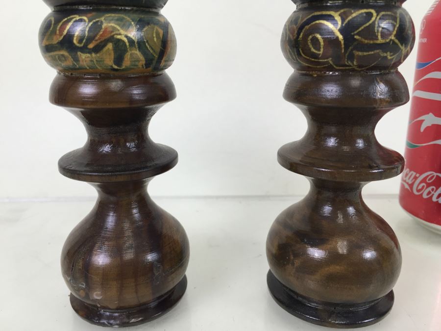 Pair Of Hand Painted Turned Wood Candle Holders Aviva Jerusalem [Photo 4]