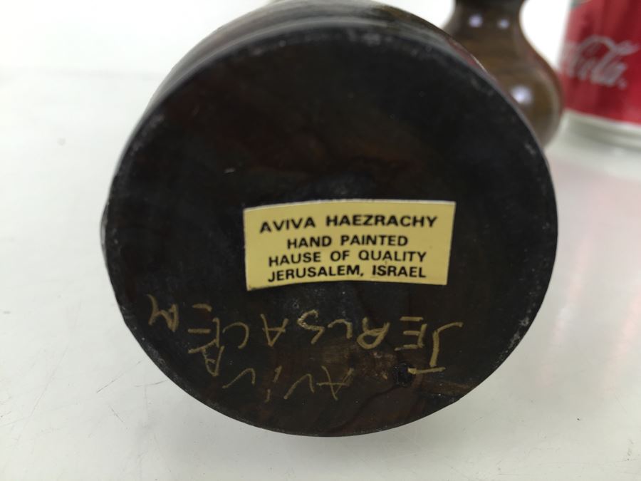 Pair Of Hand Painted Turned Wood Candle Holders Aviva Jerusalem [Photo 5]