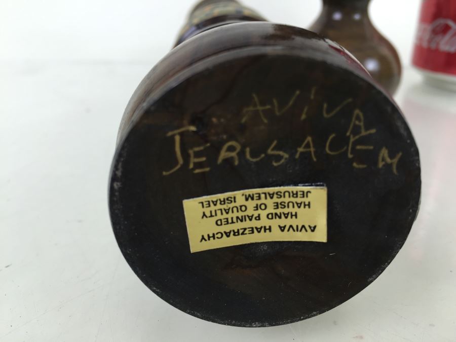 Pair Of Hand Painted Turned Wood Candle Holders Aviva Jerusalem [Photo 3]