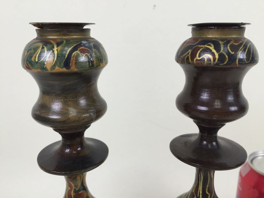 Pair Of Hand Painted Turned Wood Candle Holders Aviva Jerusalem [Photo 2]
