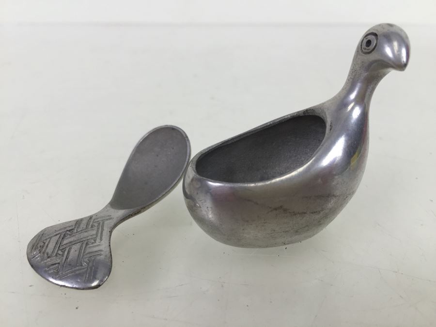Pewter Salt Box Server With Spoon Bird Motif Made In Finland [Photo 7]