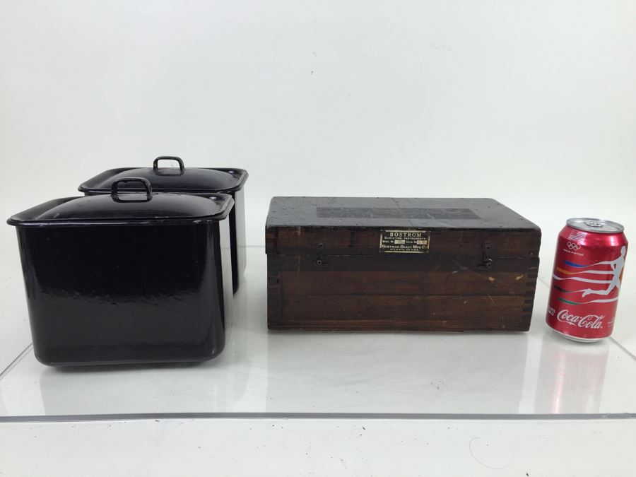 (2) Metal Lidded Canisters + Wooden Bostrom Surveying Insturments Box With Rocks [Photo 1]