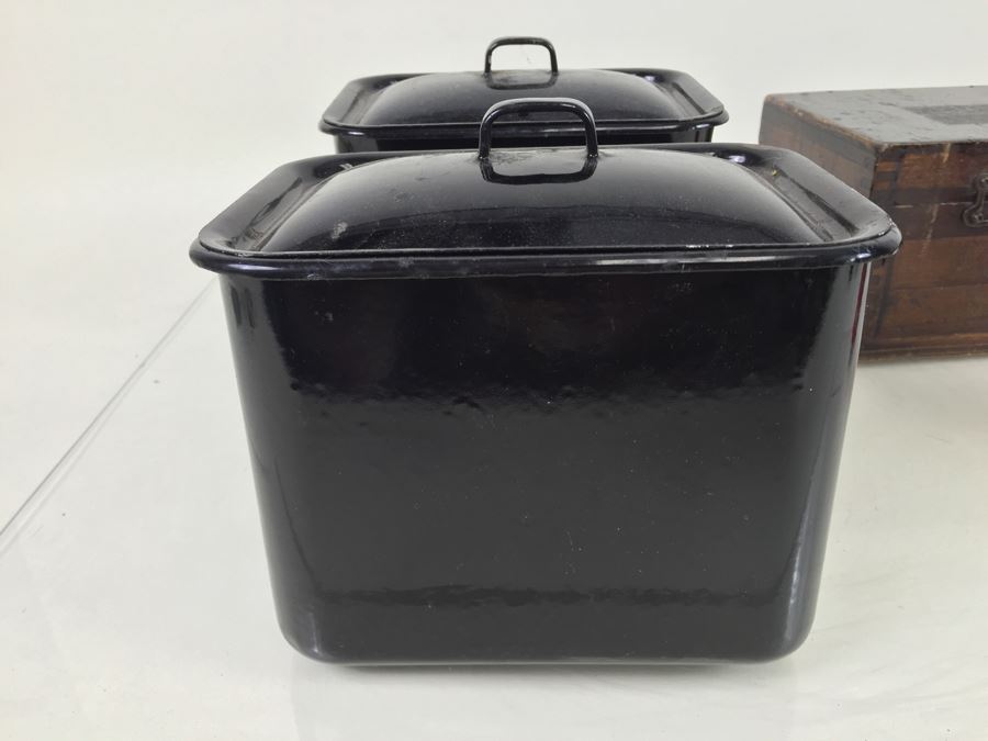 (2) Metal Lidded Canisters + Wooden Bostrom Surveying Insturments Box With Rocks [Photo 9]