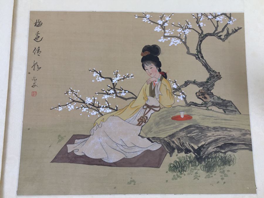 Pair Of Original Silk Asian Paintings Without Frames [Photo 3]
