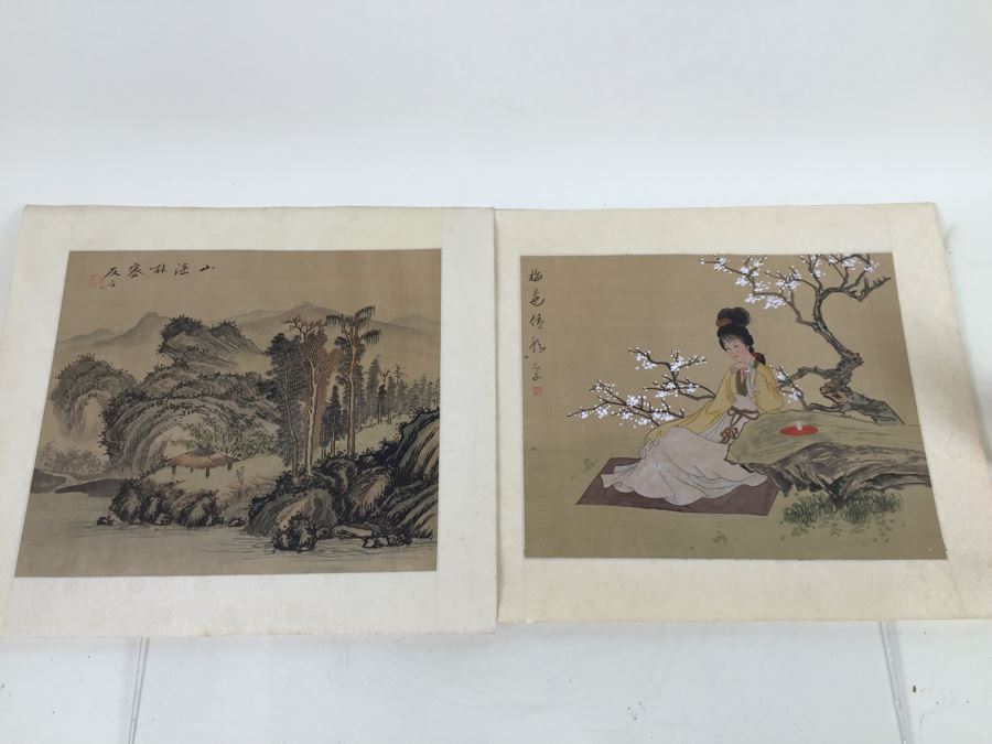 Pair Of Original Silk Asian Paintings Without Frames [Photo 1]