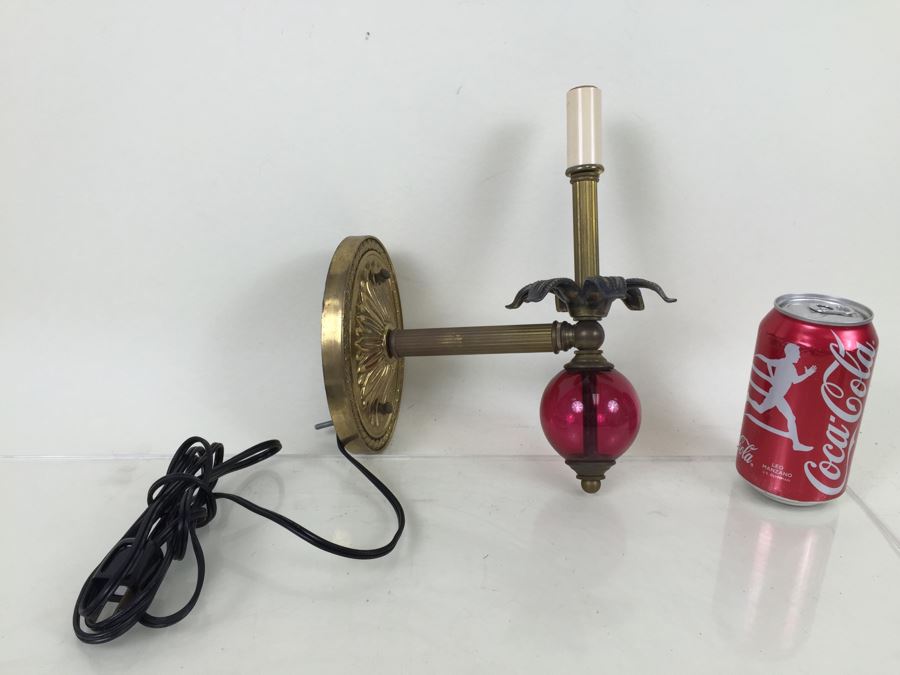 Vintage Brass And Cranberry Glass Wall Sconce Light Fixture