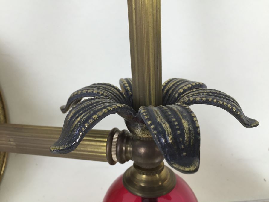 Vintage Brass And Cranberry Glass Wall Sconce Light Fixture [Photo 4]