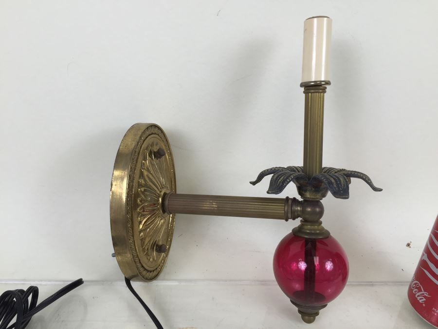 Vintage Brass And Cranberry Glass Wall Sconce Light Fixture [Photo 2]