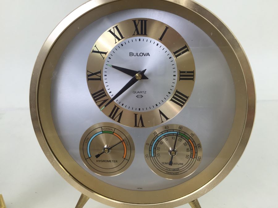 Pair Of Desk Clocks Bulova Weather Clock And Elgin Brass Grandfather Clock [Photo 2]