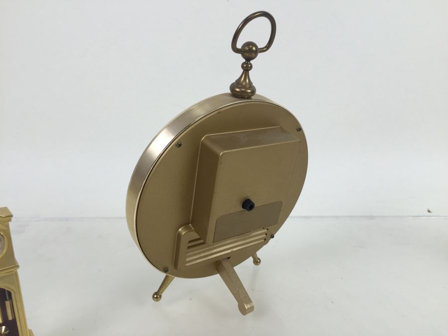 Pair Of Desk Clocks Bulova Weather Clock And Elgin Brass Grandfather Clock [Photo 8]