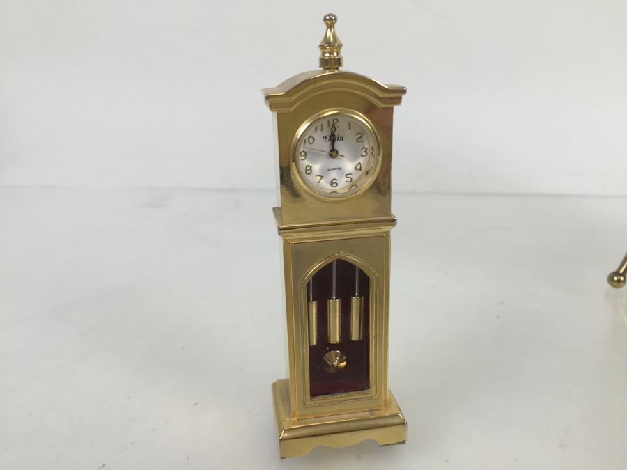 Pair Of Desk Clocks Bulova Weather Clock And Elgin Brass Grandfather Clock [Photo 3]