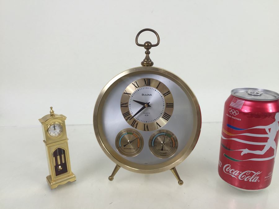 Pair Of Desk Clocks Bulova Weather Clock And Elgin Brass Grandfather Clock [Photo 1]