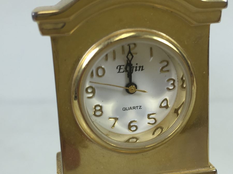 Pair Of Desk Clocks Bulova Weather Clock And Elgin Brass Grandfather Clock [Photo 10]