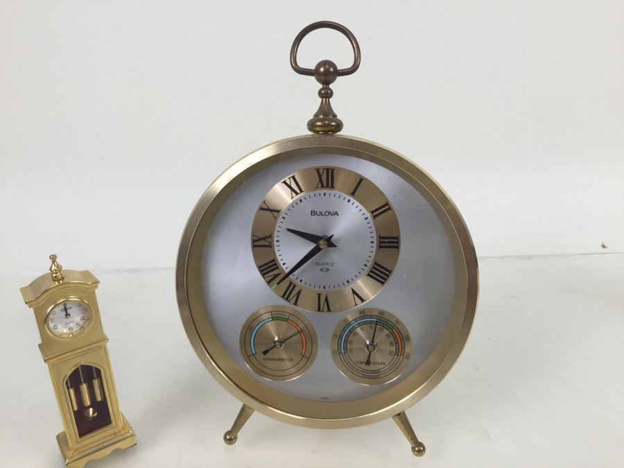 Pair Of Desk Clocks Bulova Weather Clock And Elgin Brass Grandfather Clock [Photo 4]