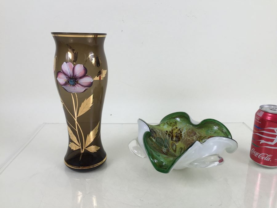 Hand Blow Murano Glass Bowl With Hand Painted Floral Motif Vase [Photo 1]