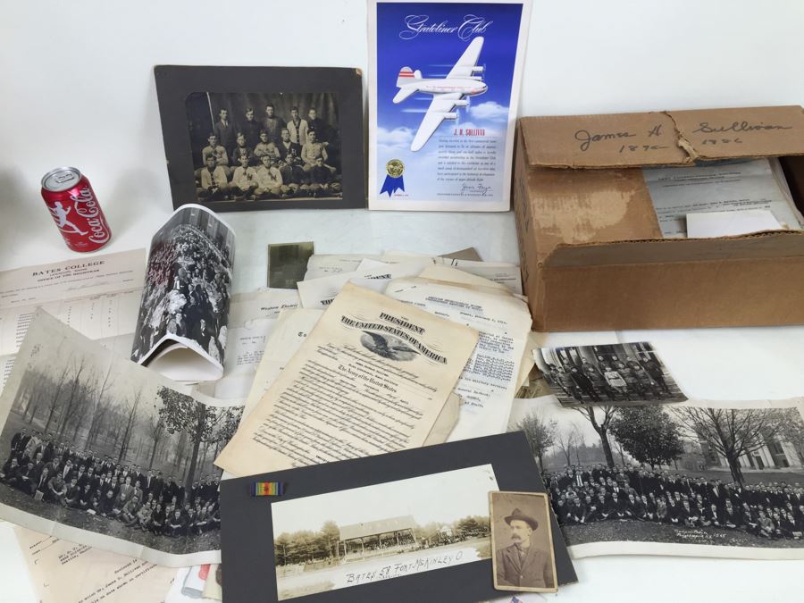 Keepsake Collectible Lot With Old B&W Photographs, War Related Ephemera, Military Ribbon, Bates College Memorabilia [Photo 1]