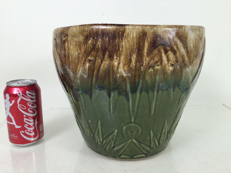 Large Vintage Green And Tan USA Pottery Pot