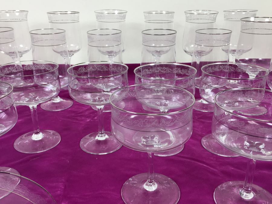 Large Lot Of Lenox Moonspun Hand Etched Crystal Stemware With Platinum Trim