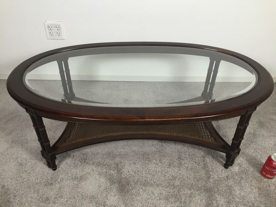 Hollywood Regency Oval Coffee Table With Glass Top And Cane Lower Shelf Bamboo Motif [Photo 5]