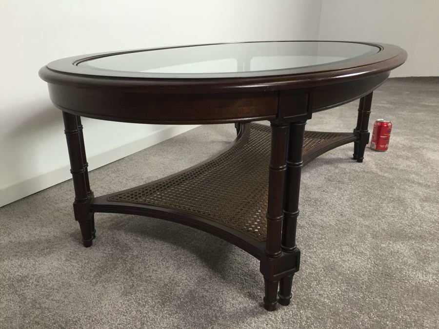 Hollywood Regency Oval Coffee Table With Glass Top And Cane Lower Shelf Bamboo Motif [Photo 11]